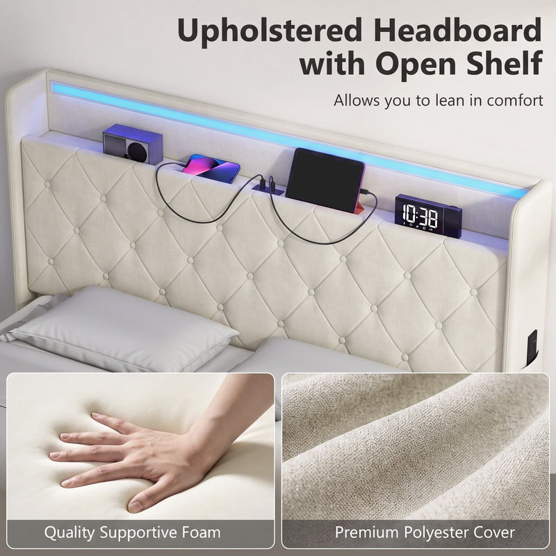 Upholstered headboard with open shelf, supportive foam and polyester cover