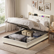 Double ottoman bed frame with lid raised revealing storage baskets in a styled bedroom