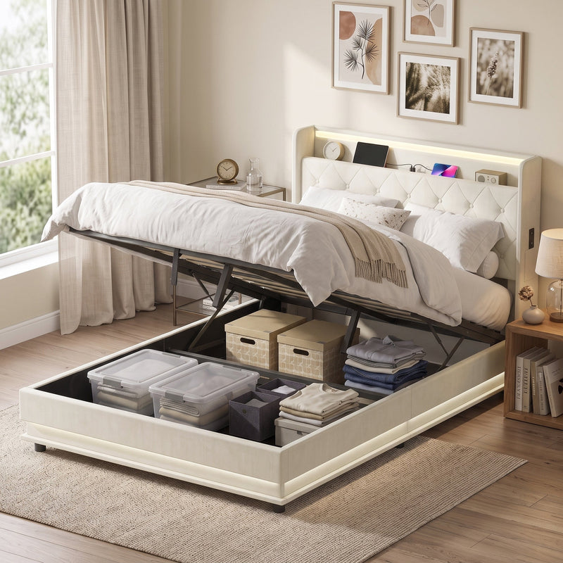 Double ottoman bed frame with lid raised revealing storage baskets in a styled bedroom