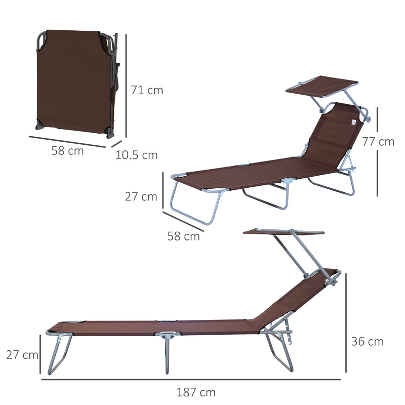 Brown 2 Piece Folding Sun Lounger Set with Adjustable Backrest and Sun Shade for Garden