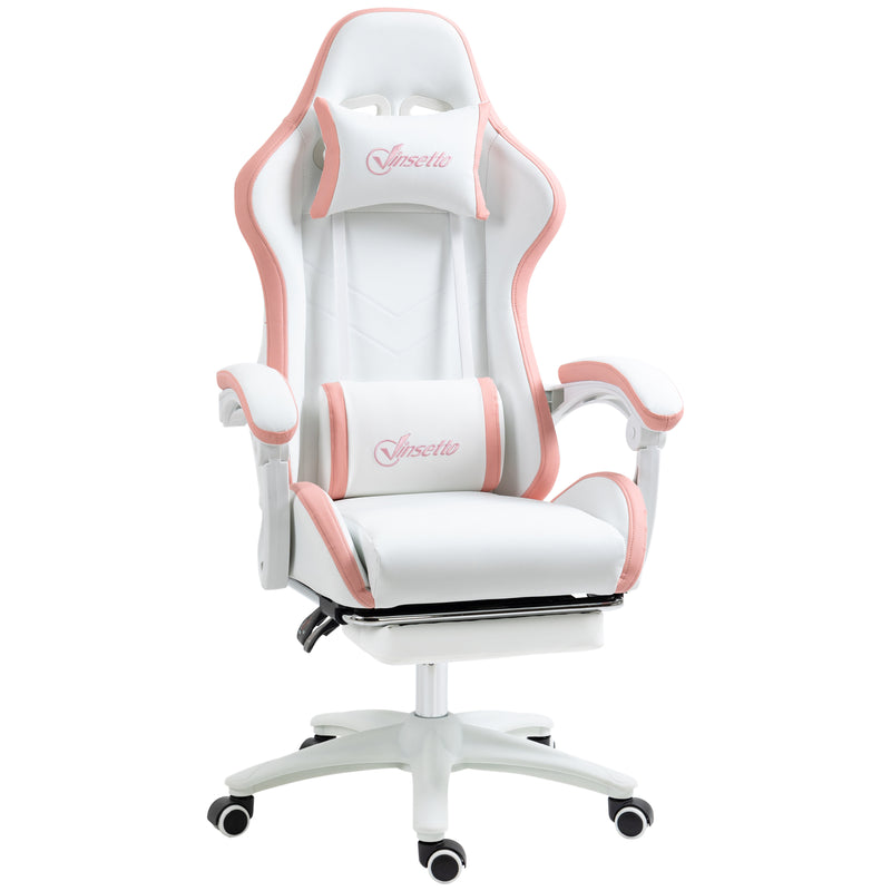 White and Pink Gaming Chair for Adults with Footrest Lumbar Support and Reclining Back