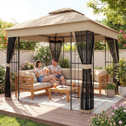 3x3m Garden Gazebo with Metal Frame Mesh Sides and Shelves for Shaded Outdoor Relaxing Brown Outsunny
