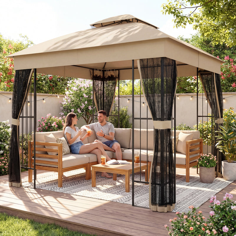 3x3m Garden Gazebo with Metal Frame Mesh Sides and Shelves for Shaded Outdoor Relaxing Brown Outsunny