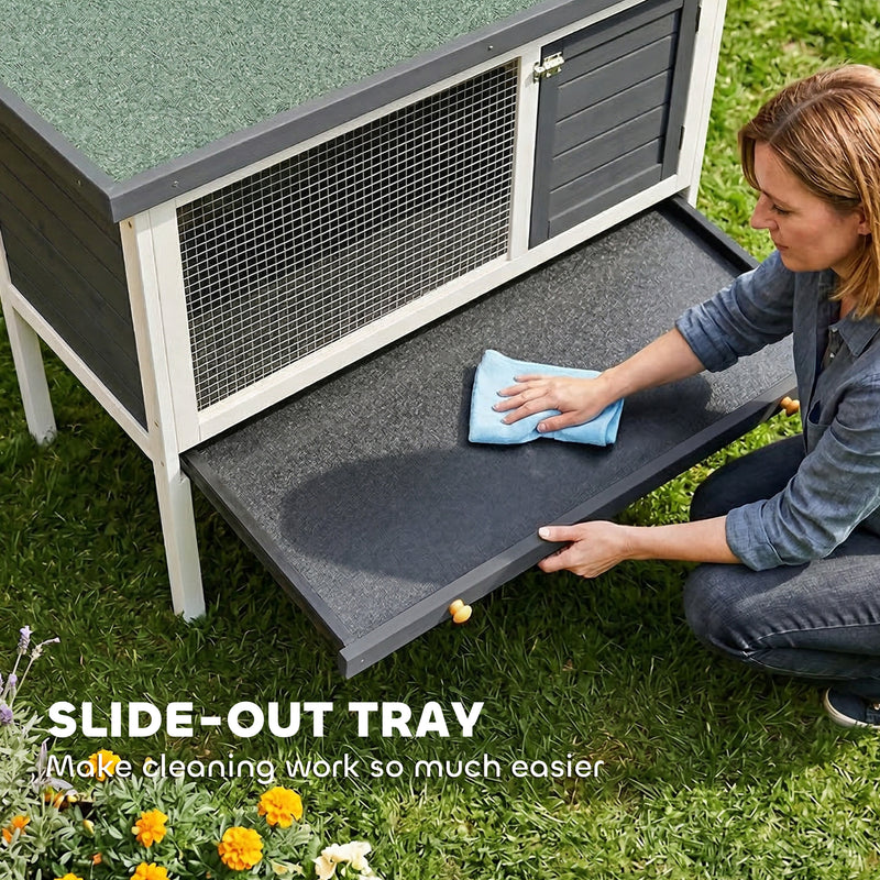 Wooden Outdoor Rabbit Hutch with Raised Base and Easy Clean Tray Grey White AOSOM