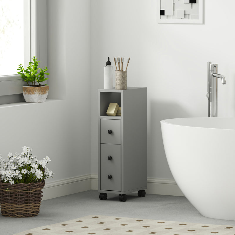 Grey Slimline Bathroom Storage Cabinet with Shelves and Cupboard by kleankin