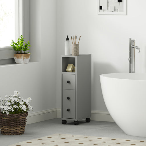 Grey Slimline Bathroom Storage Cabinet with Shelves and Cupboard by kleankin