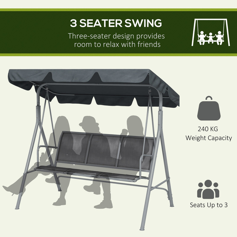 Patio Swing - 3 Seater Garden Swing Chair With Adjustable Canopy And Mesh Seat For Patio, Dark Grey