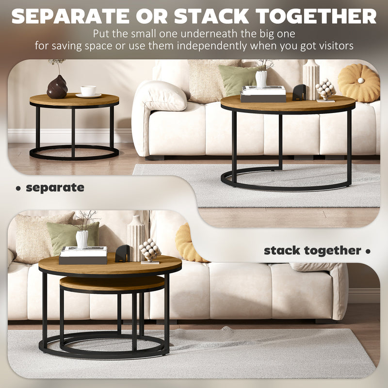 Set of Two Space-Saving Stacking Side Tables with Wood Effect Finish for Living, Room Brown