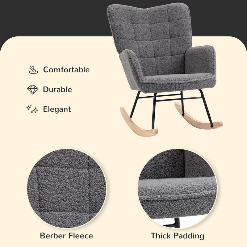 Wingback Nursery Rocking Chair with Berber Fleece for Nursing and Relaxing, Dark Grey