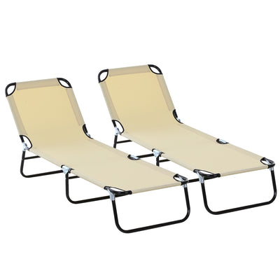 Beige Foldable Sun Loungers Set of 2 with 5 Position Backrest for Outdoor Relaxing