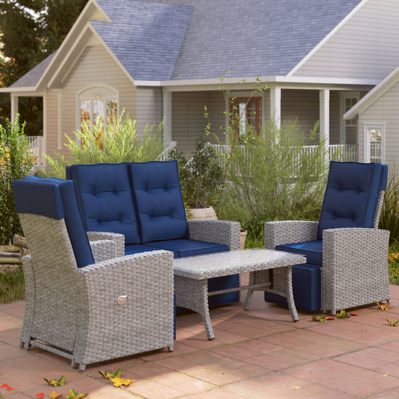 4 Piece Rattan Garden Furniture Set Navy Blue With Glass Table by Outsunny