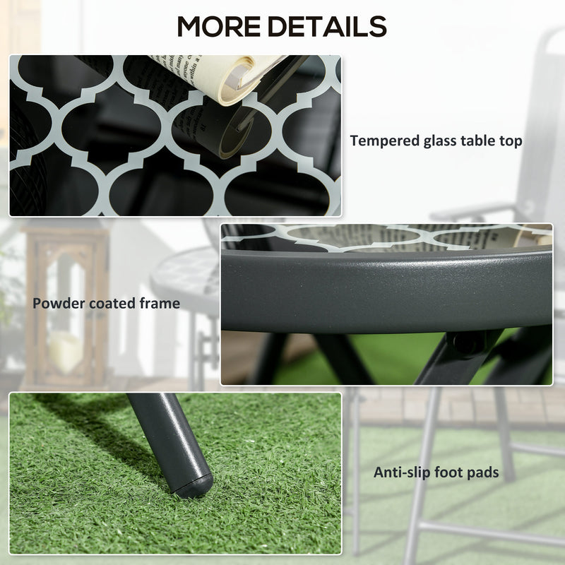 Round Folding Garden Side Table with Marble Effect Glass Top for Patio or Balcony Use