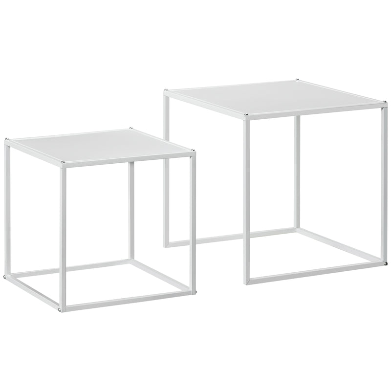 White Modern Nesting Coffee Tables Set of 2 with Steel Frame for Living Room