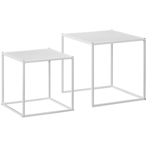 White Modern Nesting Coffee Tables Set of 2 with Steel Frame for Living Room