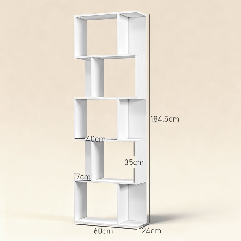 White Bookcase - Modern 5 Tier S Shaped Design For Home Office or Living Room - 60x24x185cm Homcom