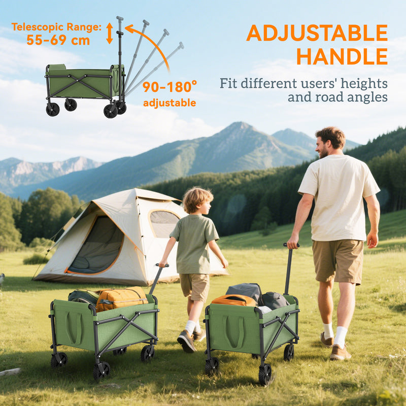 Collapsible Festival Trolley Wagon with Adjustable Handle 60kg Load for Camping Green
