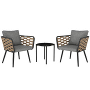 3 Piece Black Rattan Bistro Set with Cushions and Glass Top Table for Patio