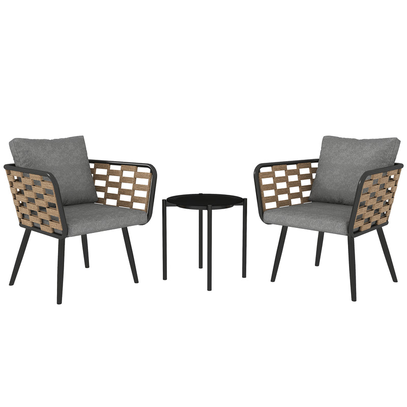 3 Piece Black Rattan Bistro Set with Cushions and Glass Top Table for Patio