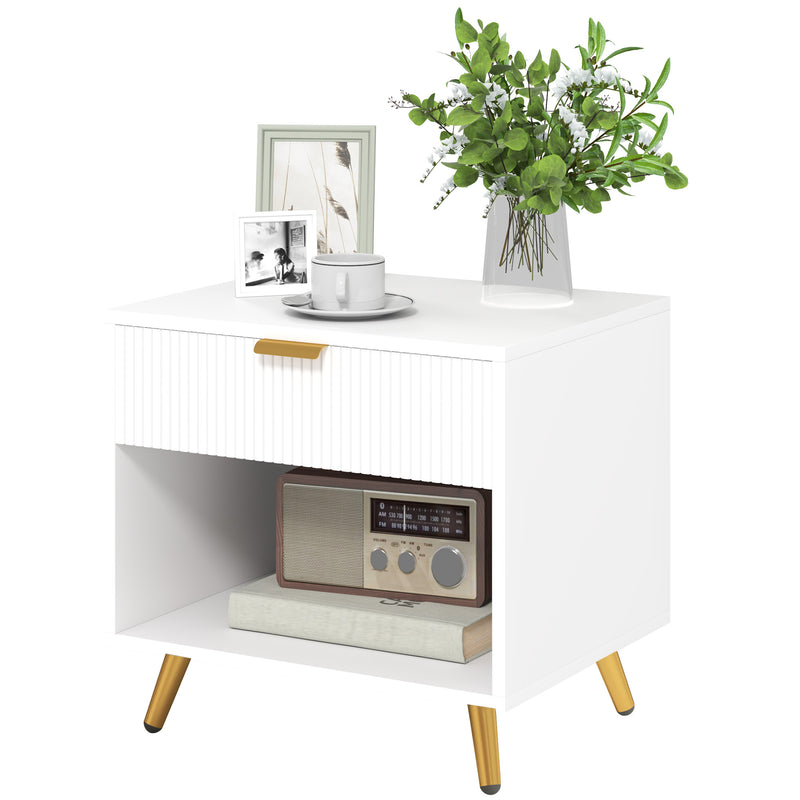 White Bedside Table with Gold Legs, Drawer and Shelf Elegant Design by HOMCOM