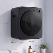 Dimension diagram showing 48 x 44 x 57 cm size of the black tumble dryer