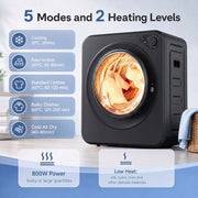 Graphic showing 5 drying modes and 2 heat settings, 800W power