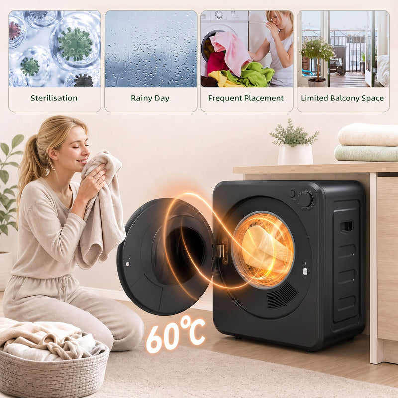 Woman holding a warm towel beside the dryer's 60 degree drying cycle