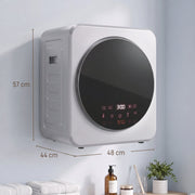 Dimension diagram showing 48 x 44 x 57 cm size of the silver tumble dryer