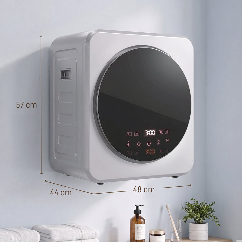 Dimension diagram showing 48 x 44 x 57 cm size of the silver tumble dryer