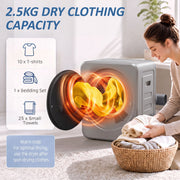 Graphic showing 2.5 kg dry clothing capacity, about 10 T-shirts or 25 towels