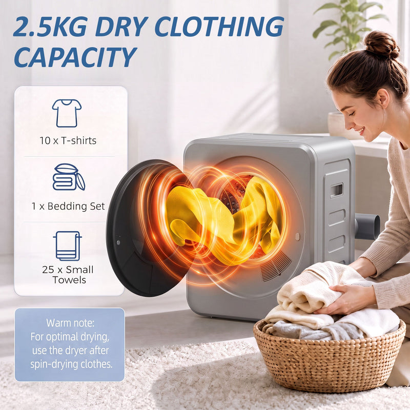 Graphic showing 2.5 kg dry clothing capacity, about 10 T-shirts or 25 towels