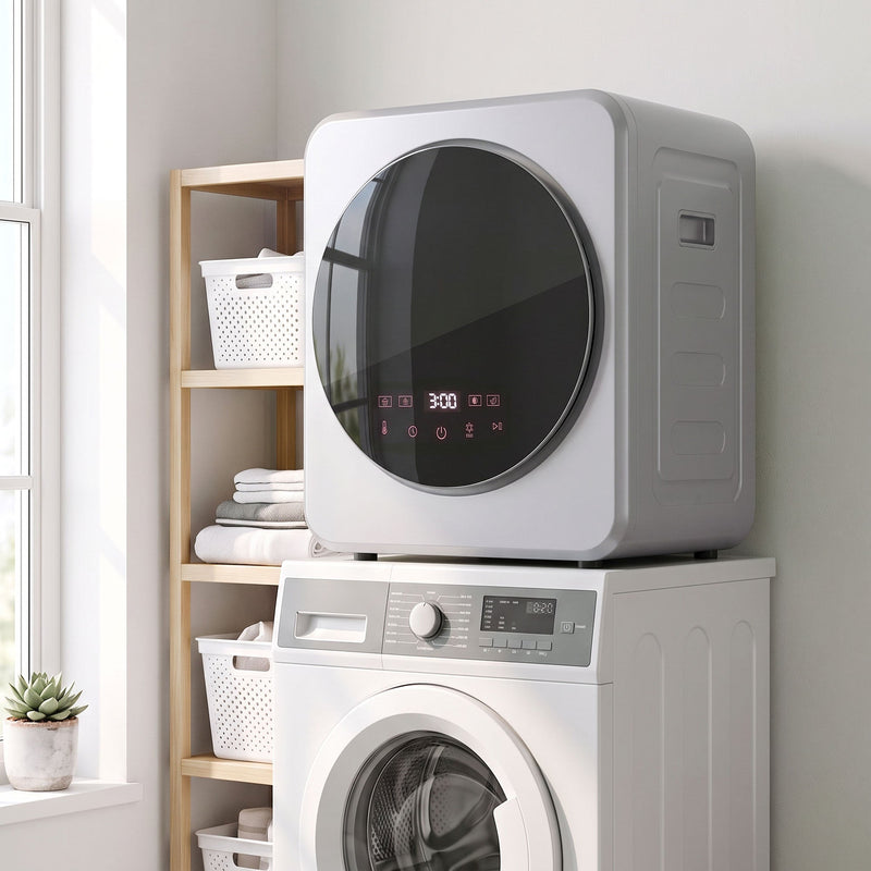 Silver tumble dryer stacked on top of a washing machine in a laundry room