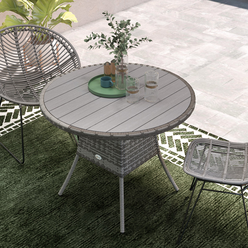 Grey 90cm Four Seater Round Rattan Dining Table With Wood Effect Finish by Outsunny