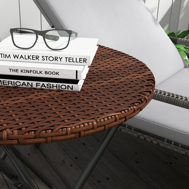 Round Foldable Rattan Garden Coffee Table with Metal Frame for Lawn or Patio Mixed Brown