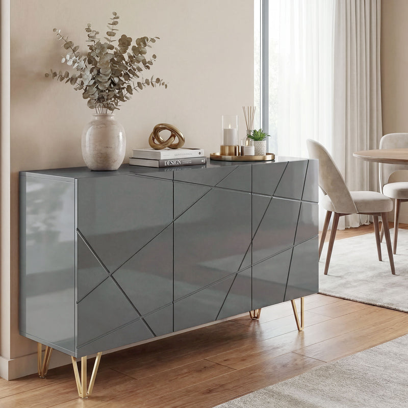 Sideboard Storage Cabinet with Adjustable Shelves for Living Room or Hallway High Gloss Grey AOSOM