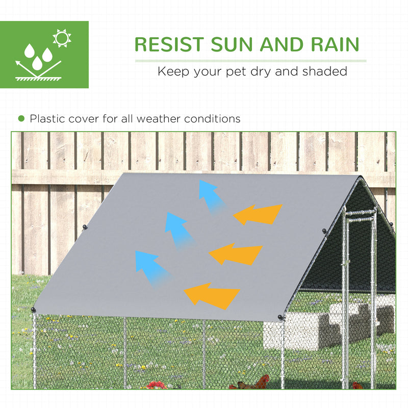 Large Walk In Chicken Run with Activity Shelf and Weather Cover for Outdoor Use Silver