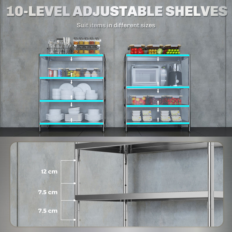 4 Tier Kitchen Storage Rack with Adjustable Shelves for Small Spaces, Silver Tone