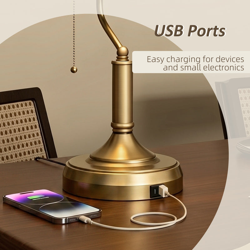 Bedside Table Lamp with Adjustable Shade and Built In USB Charging Ports Green