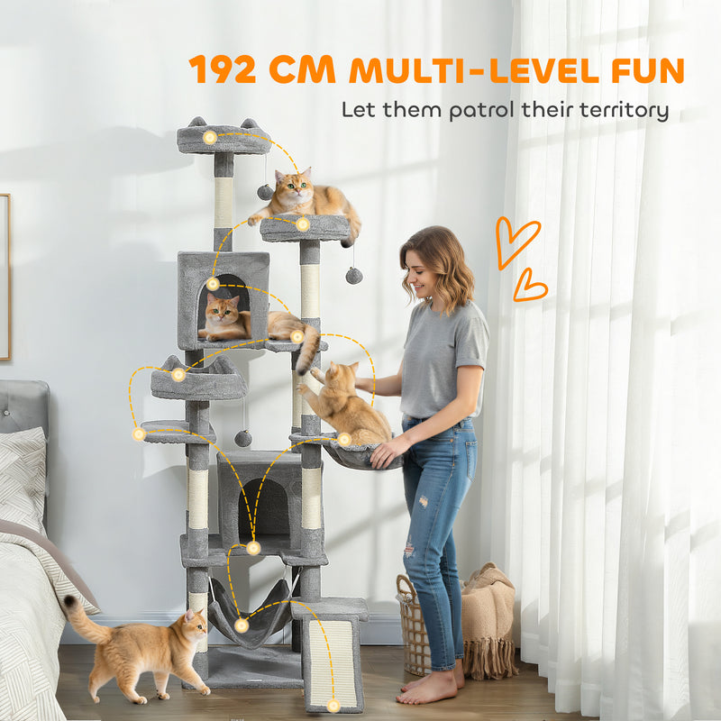 Tall Multi Level Cat Tree for Two or More Cats with Scratch Posts and Cosy Beds Light Grey