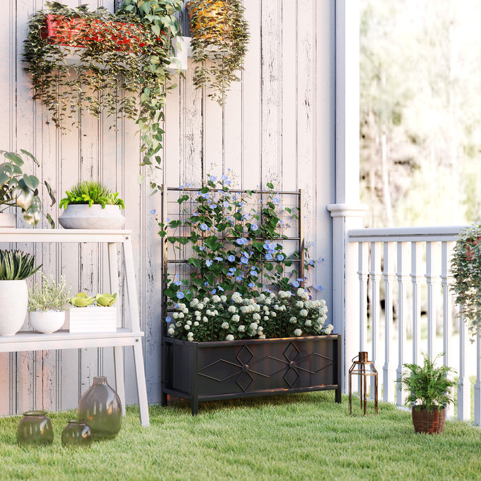 Black Raised Garden Bed with Trellis Galvanised Planter Box with Drainage for Vegetables and Herbs by Outsunny