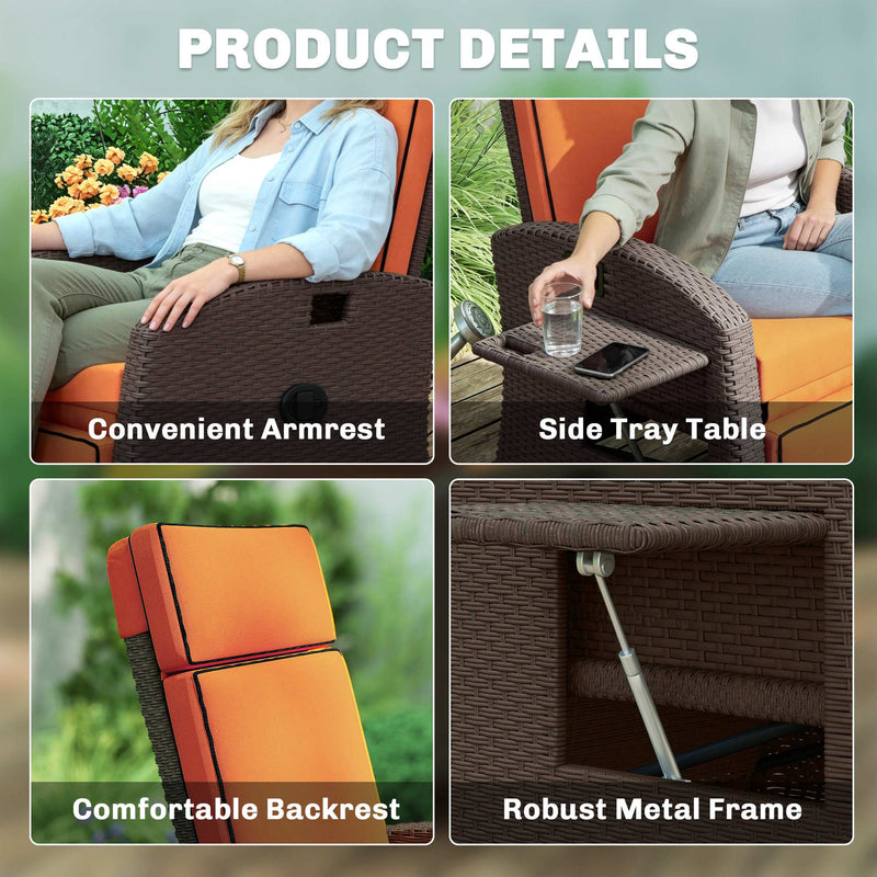 Garden Recliner Chair with Adjustable Backrest and Side Tray for Outdoor Relaxation Orange Outsunny