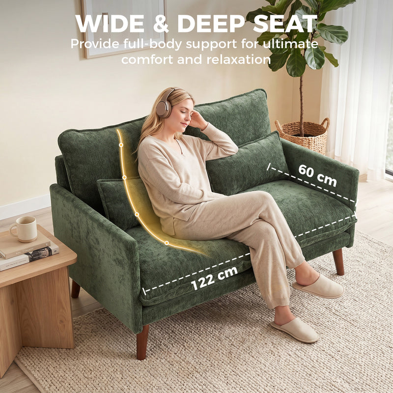 2 Seater Compact Sofa for Small Flats with Supportive Cushions and Velvet Feel Fabric Green