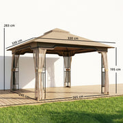 3.3 x 3.3m Metal Garden Gazebo with Mesh Sides for Shade and Insect Protection, Khaki Outsunny