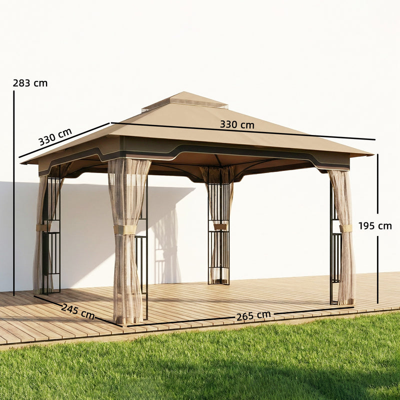 3.3 x 3.3m Metal Garden Gazebo with Mesh Sides for Shade and Insect Protection, Khaki Outsunny