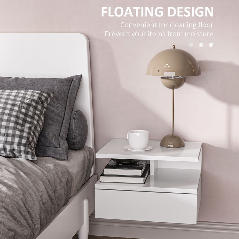 Set of Two White Floating Bedside Tables with High Gloss Finish by HOMCOM