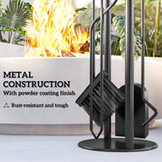 5 Piece Metal Fireplace Tool Set With Brush Shovel Poker and Ash Bucket, Black & Silver