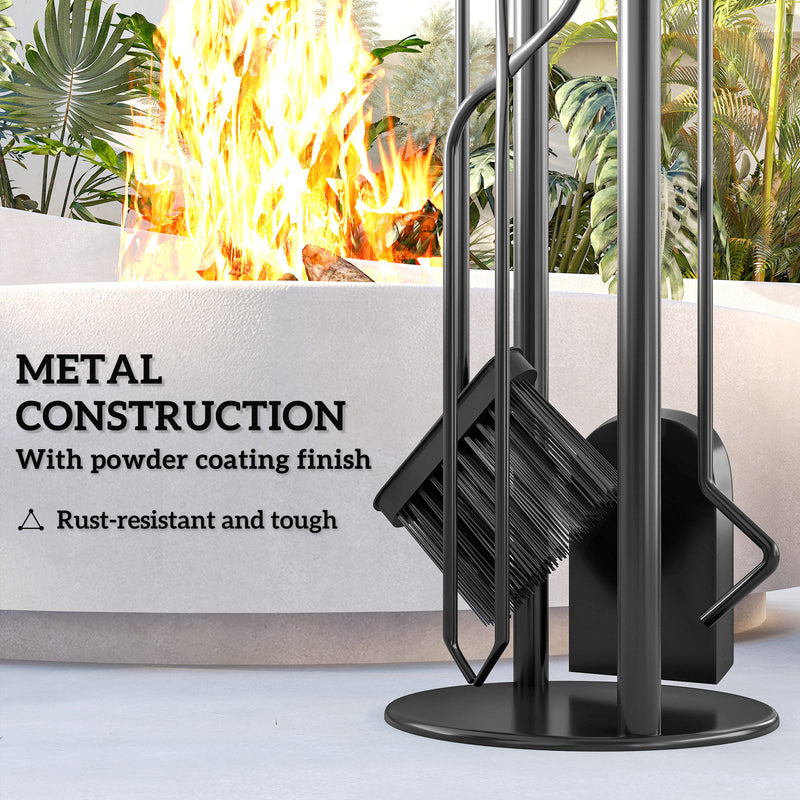 5 Piece Metal Fireplace Tool Set With Brush Shovel Poker and Ash Bucket, Black & Silver