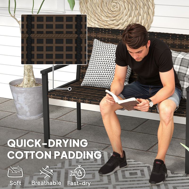 2 Seater Rattan Garden Bench with Cushions and Steel Frame for Patio or Park by Outsunny