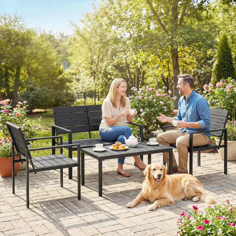 4pc Garden Furniture Set for All-Weather Outdoor Relaxing with Loveseat Coffee Table and Chairs Outsunny