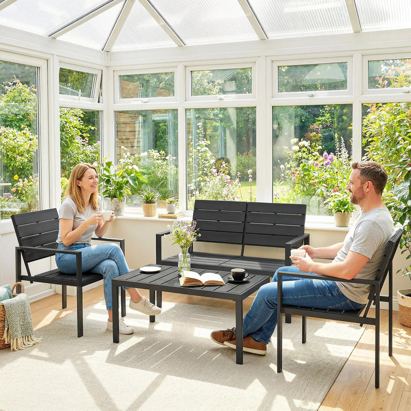 4pc Garden Furniture Set for All-Weather Outdoor Relaxing with Loveseat Coffee Table and Chairs Outsunny