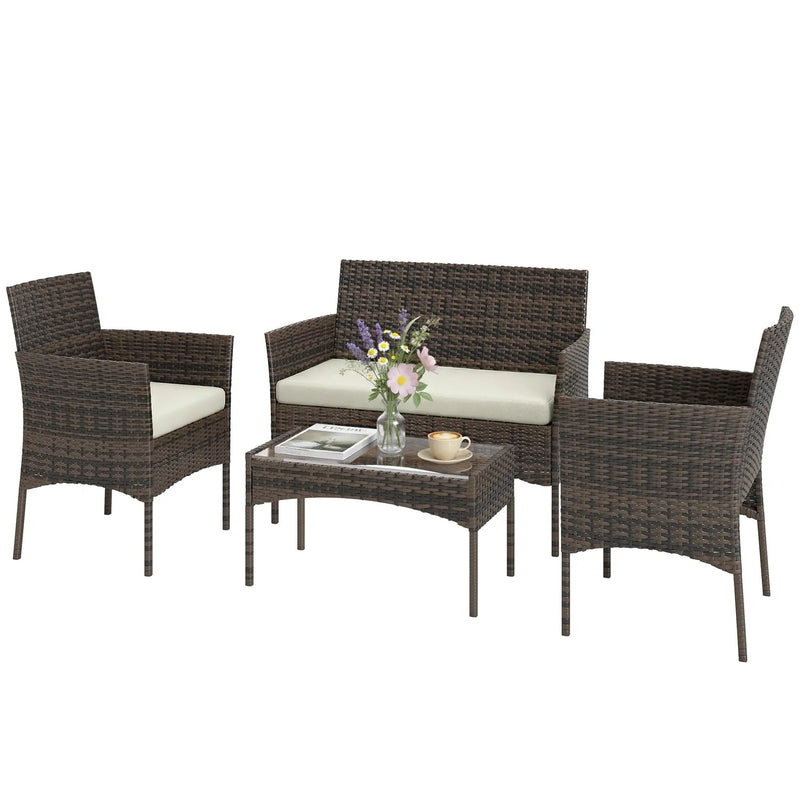 4pc Rattan Garden Furniture Conversation Set with Cushions and Tempered Glass Table for Outdoor Relaxing Outsunny